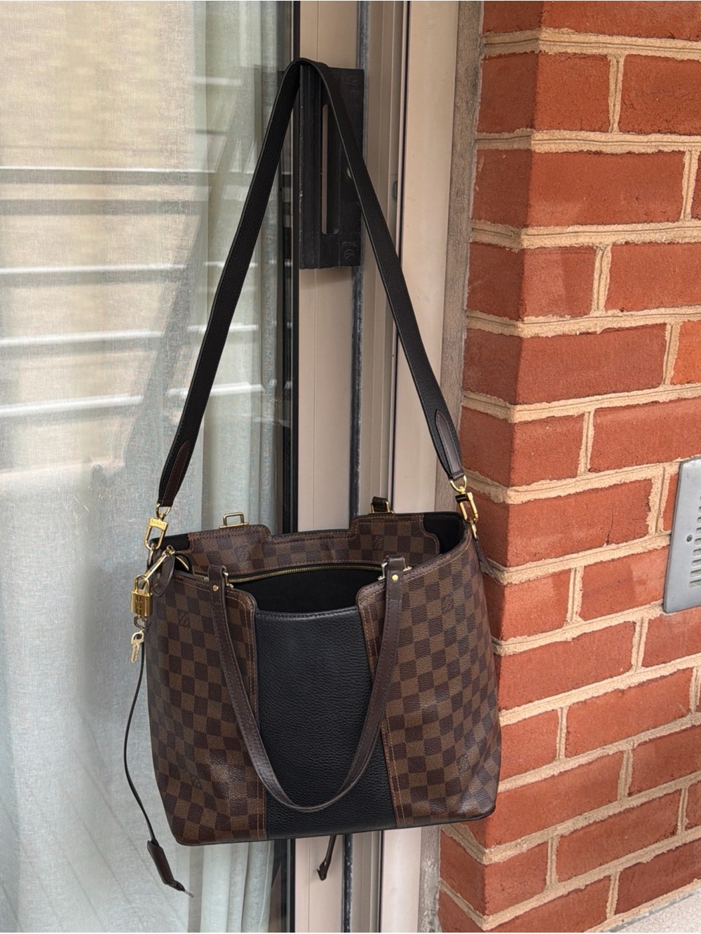 Louis Vuitton Brown Damier Ebene Canvas Shoulder Bag with Black Leather Panel